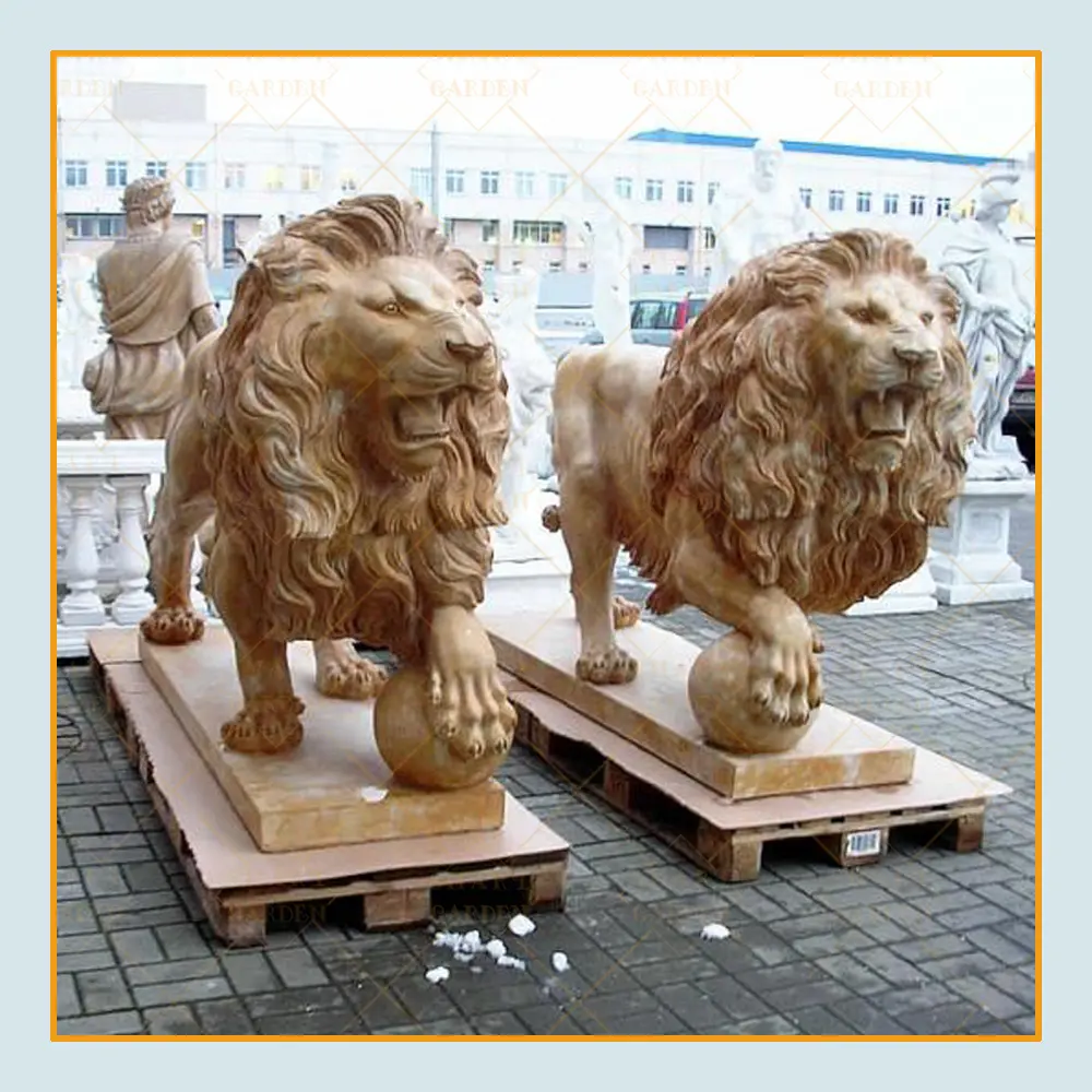 100% Hand carved garden marble animal statue stone lion sculpture with ball