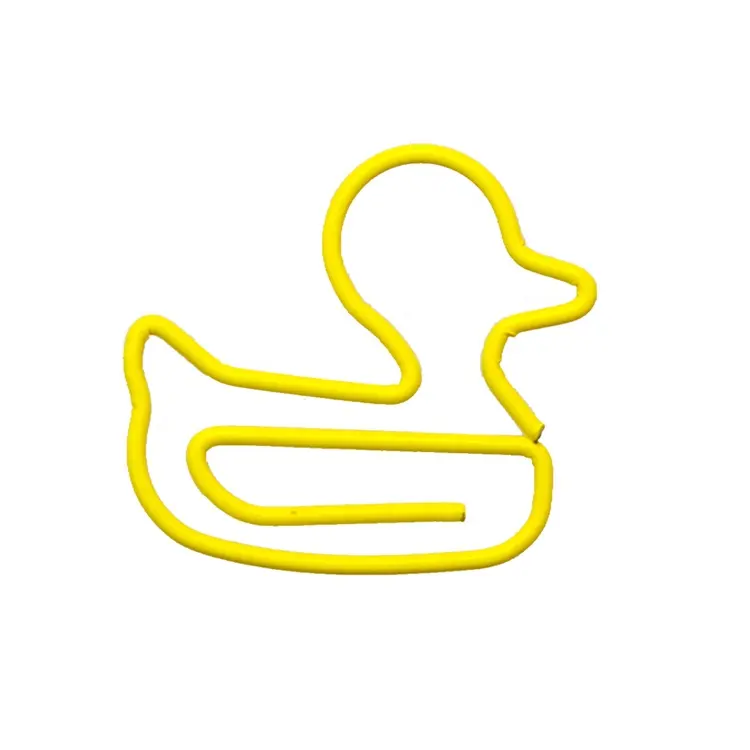 Creative animal paper clip duck shaped yellow color metal paper clip low price paper clips with round plastic box package