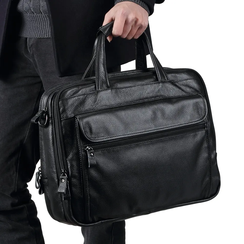 Luxury Travel Genuine Leather Messenger Black Briefcase Sling Office Mens Business Shoulder Laptop Bag Briefcase For 15.6 inch