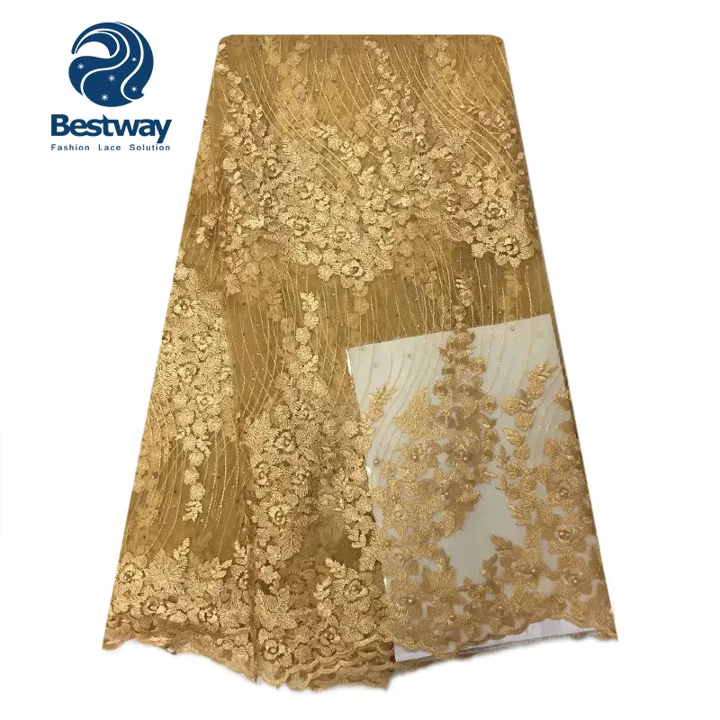 Новейший дизайн французского золотого цвета Тюль кружевная ткань вышивка сетка кружево с жемчугом FL2070