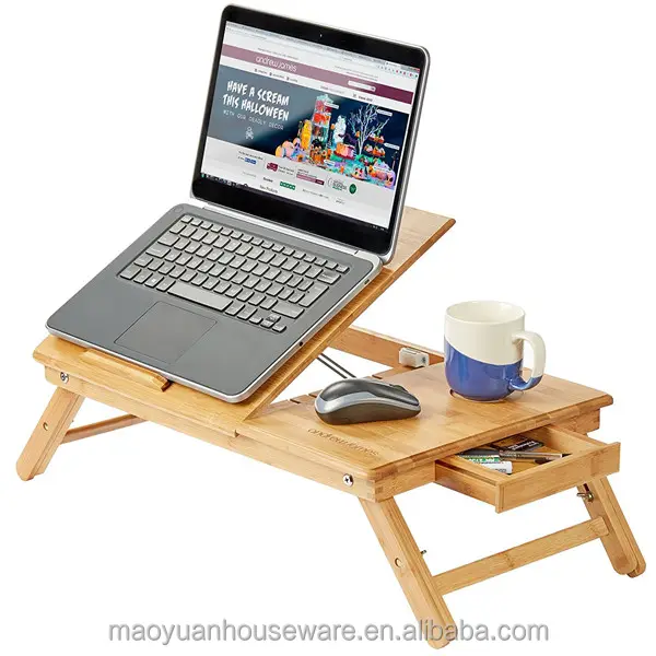 Складной стол для ноутбука из бамбука, натуральный столик для ноутбука, коммерческая мебель, складной бамбуковый столик для ноутбука с подстаканником и ящиком