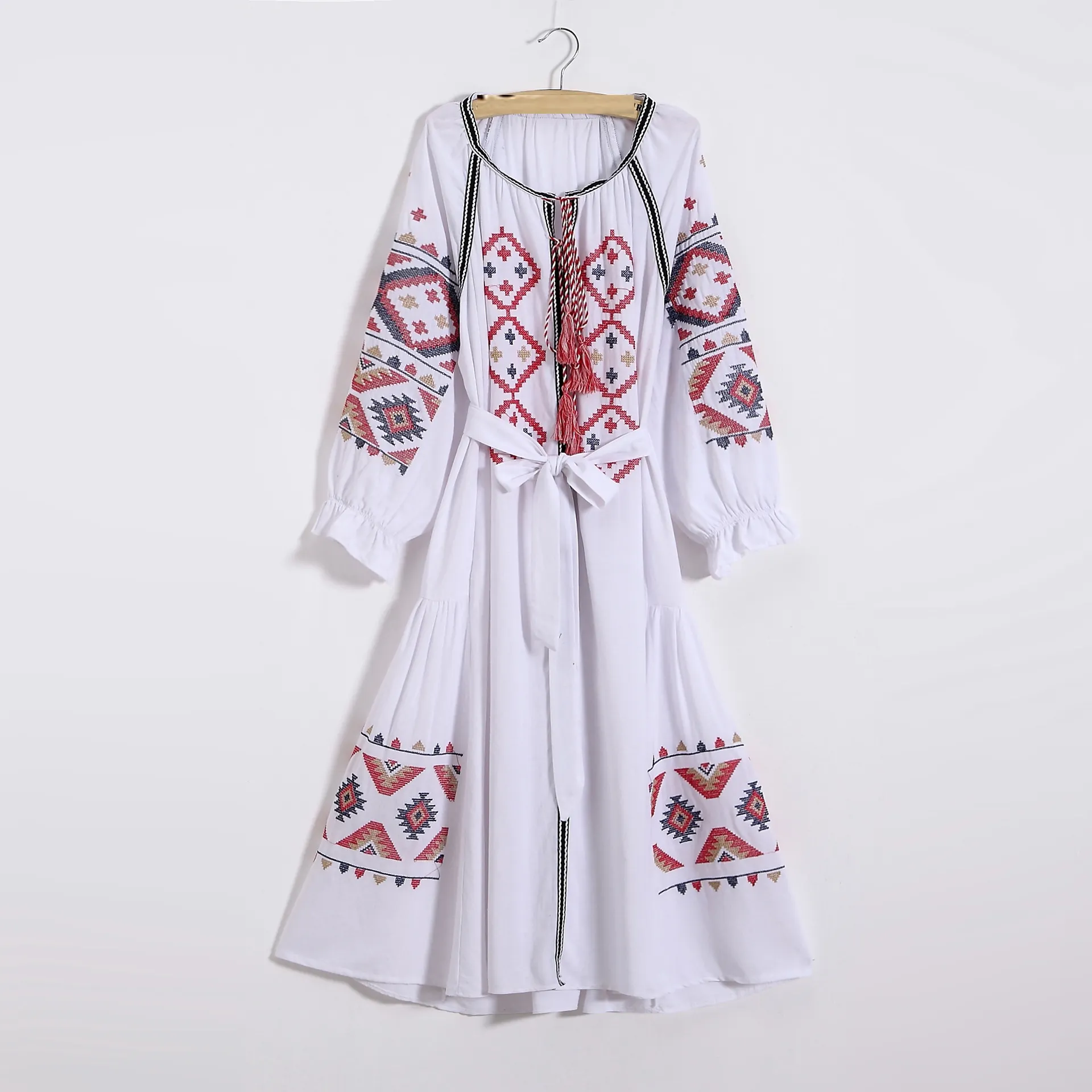 Beauty Japan Style Geometric Embroidery O-neck Long Sleeve Loose Dress For Ladies