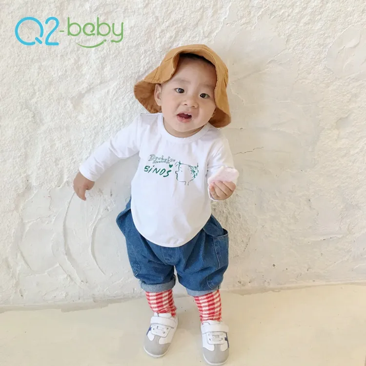 Q2-baby High Quality Bulk Buing Cartoon Long Sleeves Cotton Baby White T-Shirt