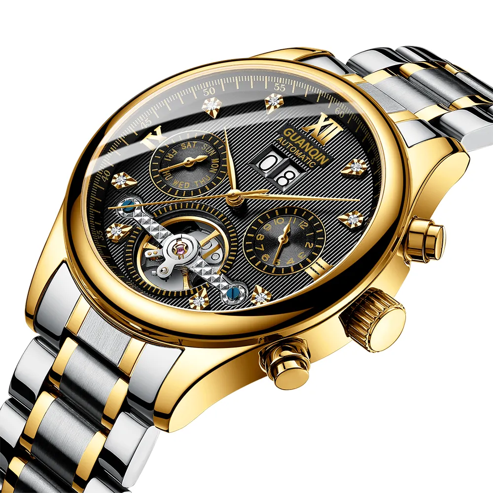 2019 GUANQIN Clock Men Mechanical Tourbillon Style Automatic Waterproof Stainless Steel Strap Date Gold Watch Erkek Kol Saati