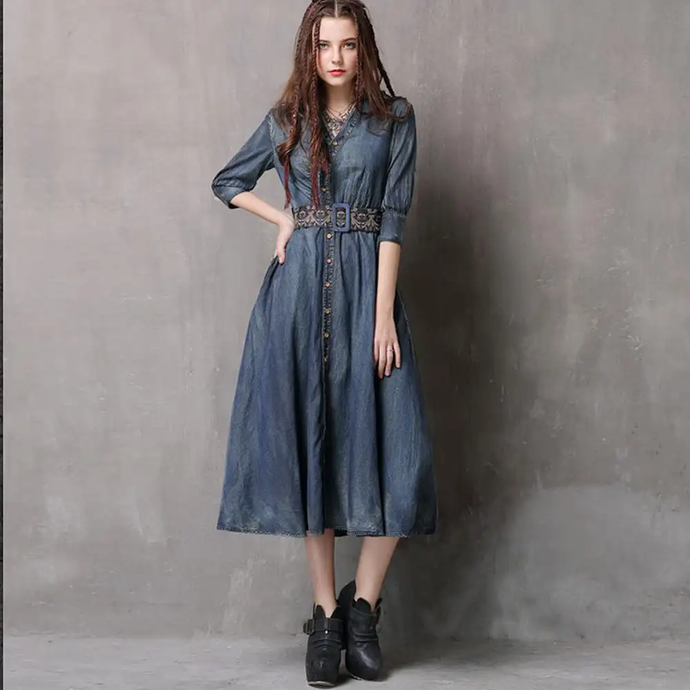 Custom vintage style V-neck embroidery denim dress for ladies