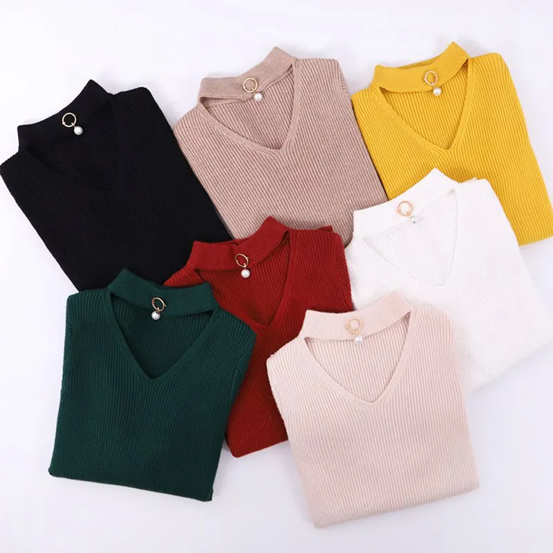 Women Knitted Long Sleeve Female V-neck Hanging Neck Top Pullover Woman Sweater