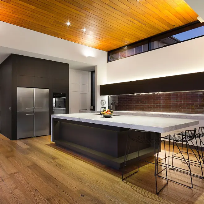 Matte white lacquer kitchen cabinet with island and seats