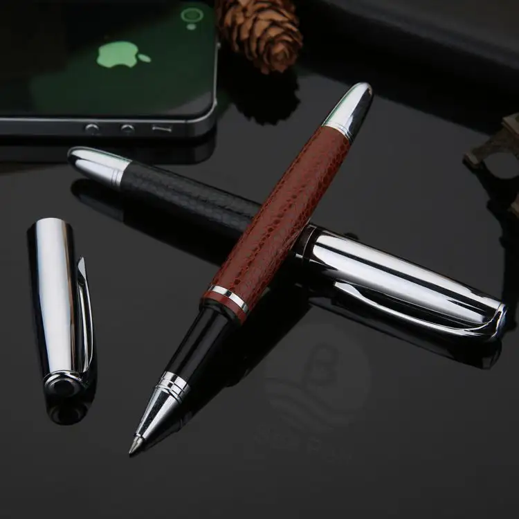 Heavy metal custom logo roller pen with PU leather grip