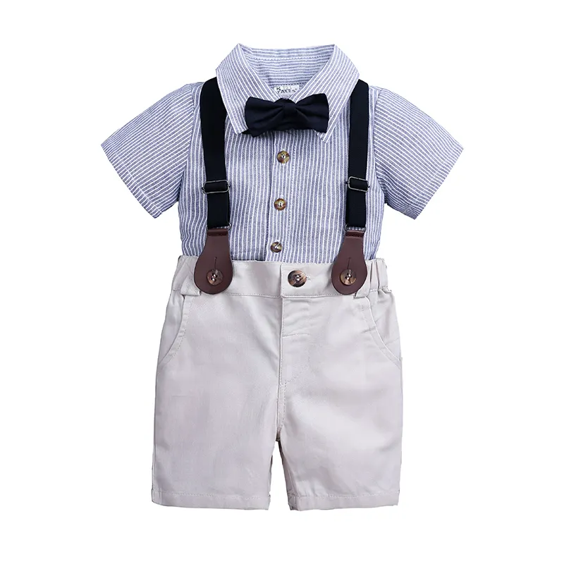 Baby boy summer clothes 2 pcs formal stripe bowtie shirt + suspender trousers baby boy birthday clothes