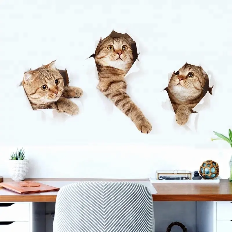 Hot Sale vivid printing house decoration dog 3d Pvc Wall Sticker waterproof kitten image Lovely Cat wall stickers