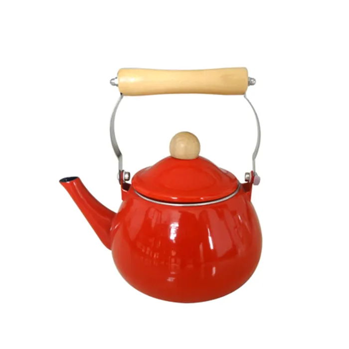 2019 Best seller plain color enamel kettle with wooden handle