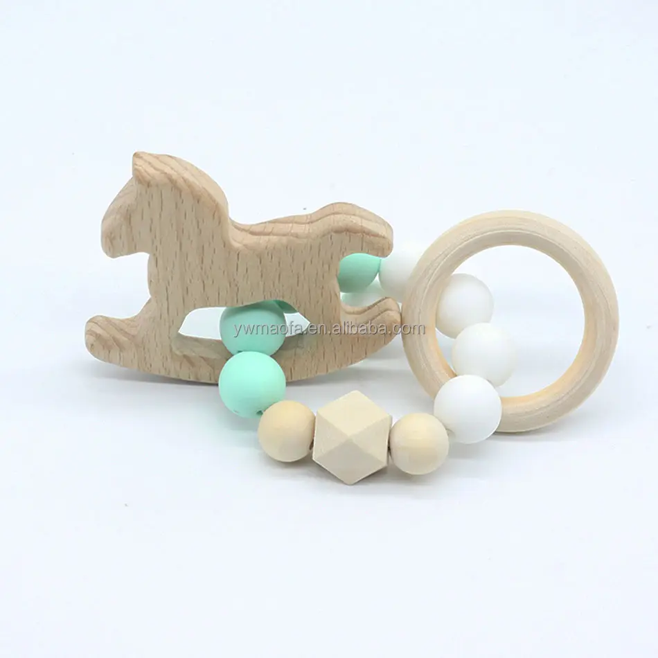 Wholesales DIY Baby Wooden Beads Teether With Animals Pendant Infant Chewing Teething Toys