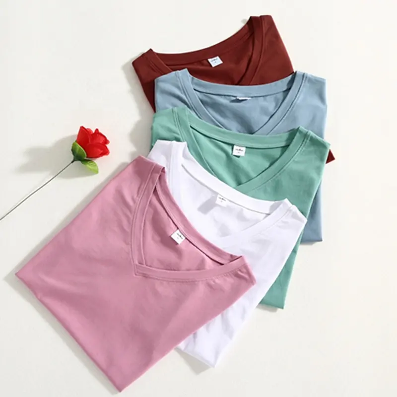 100% cotton combed soft plain v-neck t shirt women for wholesale with custom printing