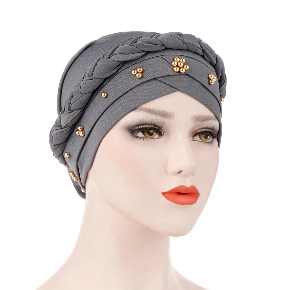 Wholesale 2019 hot sale sleep turban chemo beanie 10colors elastic solid pearl braid knot women muslim hijab cap