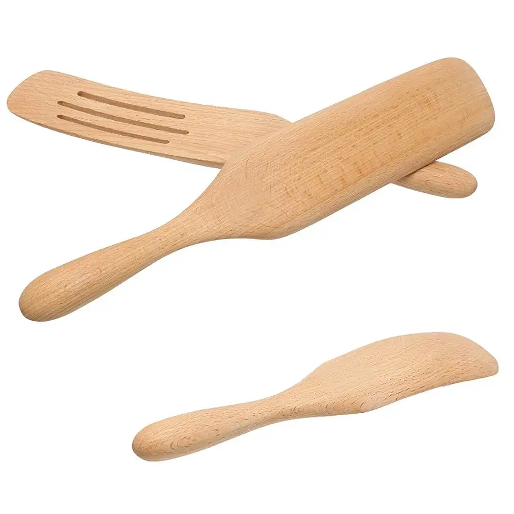 Eco Friendly 3 Piece Beech wood Spurtle Set For Non Stick Cookware