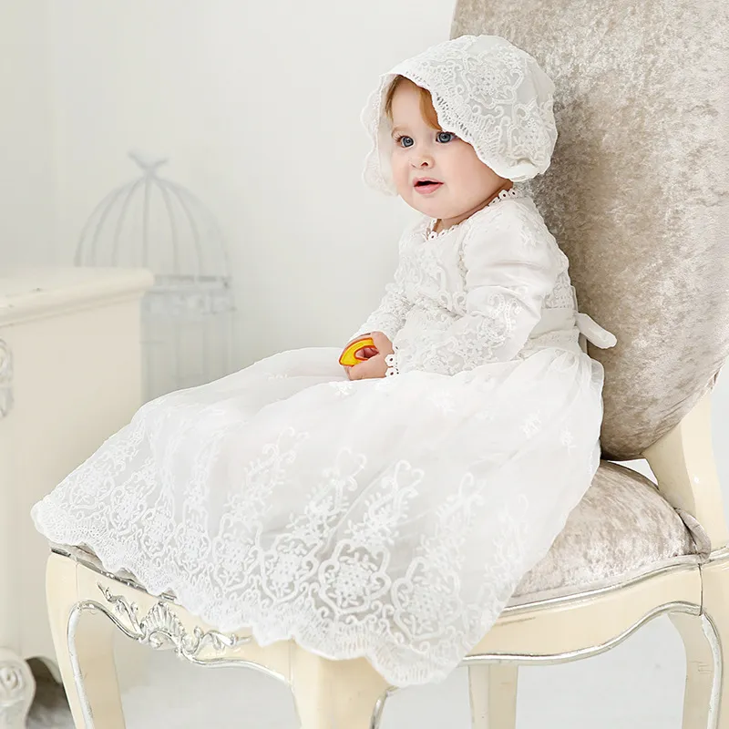 Wholesale Newborn Baby White Baptism Dress Wedding Party Long Sleeve Lace Dresses Toddler Girls Christening Gown With Hat