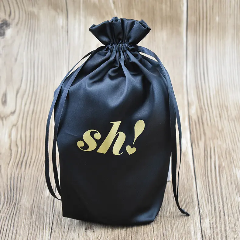 Promotional silk drawstring hair bags black satin bag wig pouch