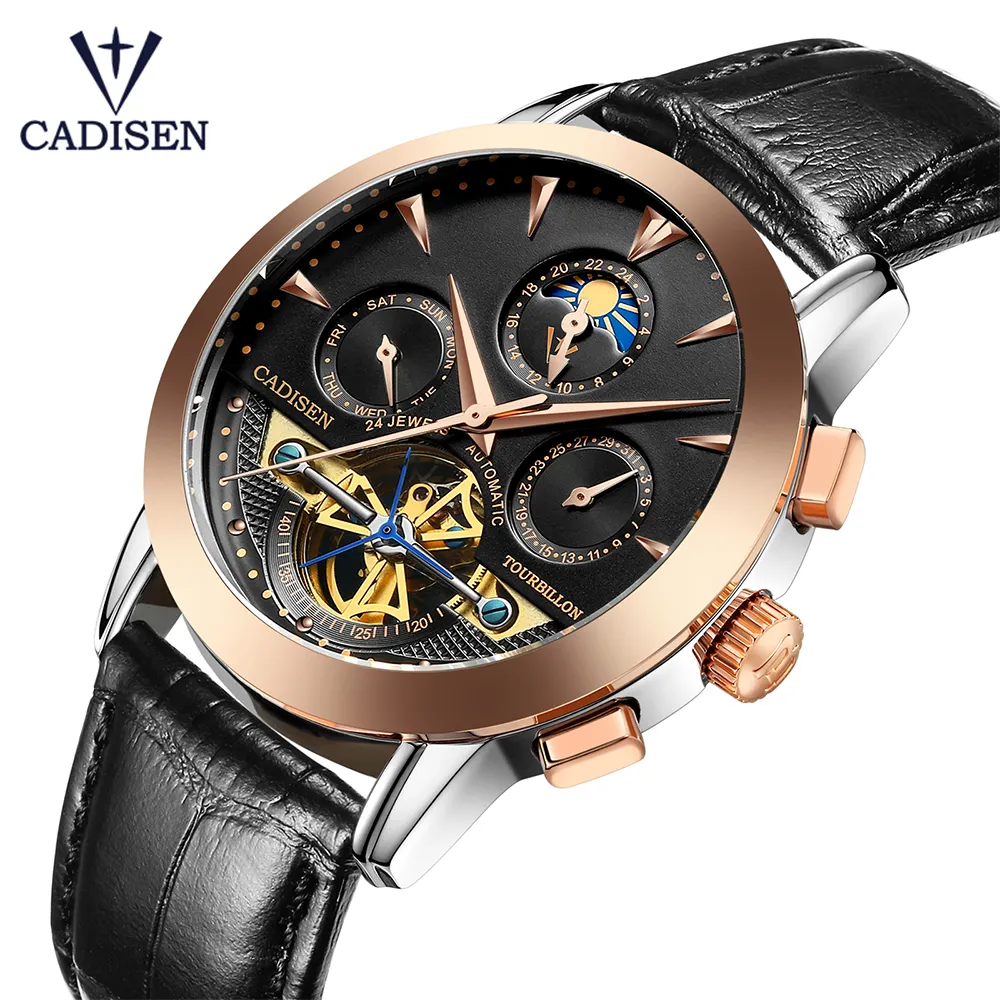 Роскошные Брендовые Часы с турбийоном, мужские стильные модные автоматические Золотые механические часы с кожаным ремешком