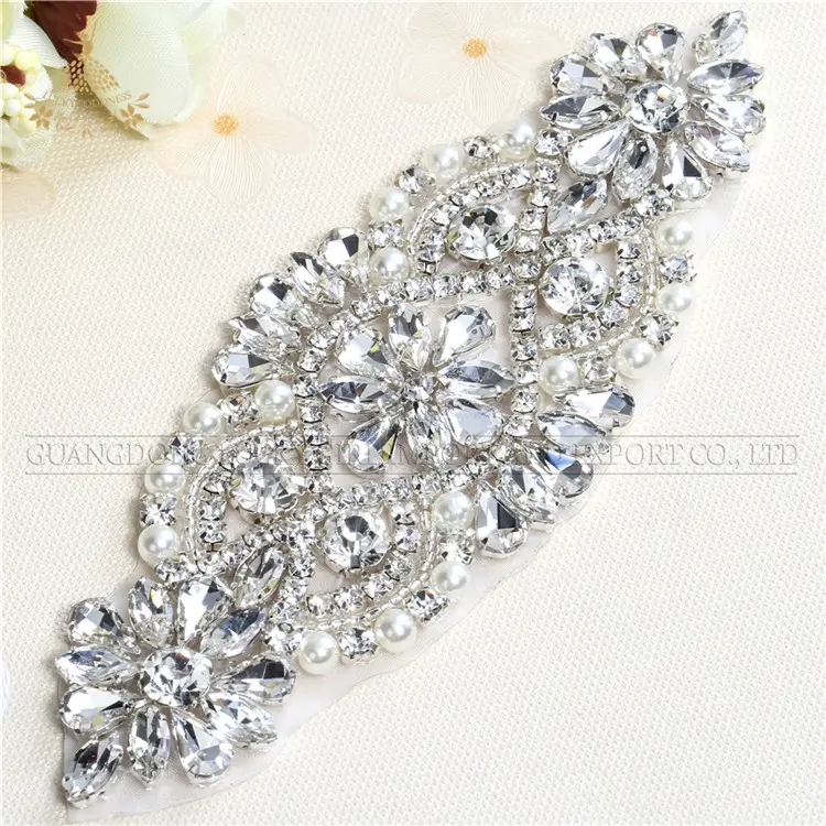 Crystal bridal beaded rhinestone pearl applique patch for dress sash