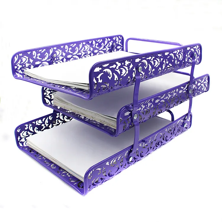 Wholesale beautiful purple embossing folding metal iron file holder letter tray document magazine rack