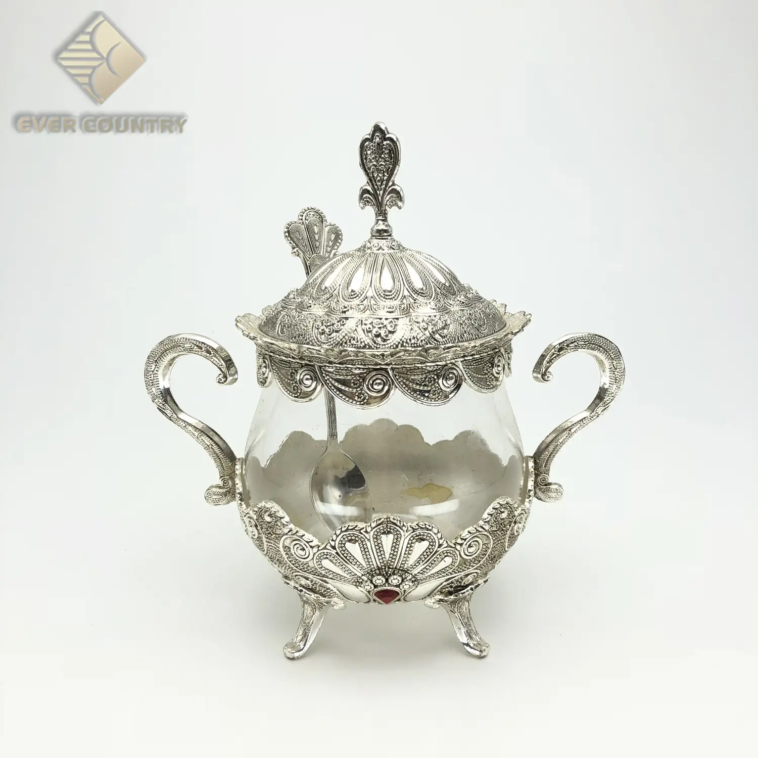 Wire design metal round glass sugar pot with cover and spoon