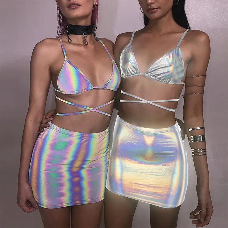 Hot Sales Multi Color Reflective Bra Shorts 2 Piece Set Women