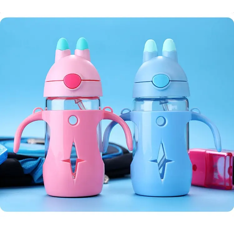 300ml PP cover baby training glass cup kids drinking glass water bottle with straw and handle