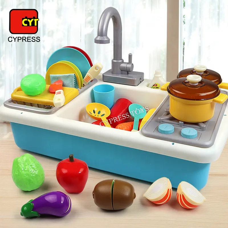 Hot Sale Plastic Pretend Play Kitchen Toy Water Circulation Sink With Cutting Food Toys For Kids