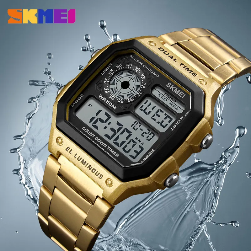 Best Seller SKMEI 1335 Stainless Steel Band All Gold Square Shaped Fashion LED Electronic Digital Man Watch