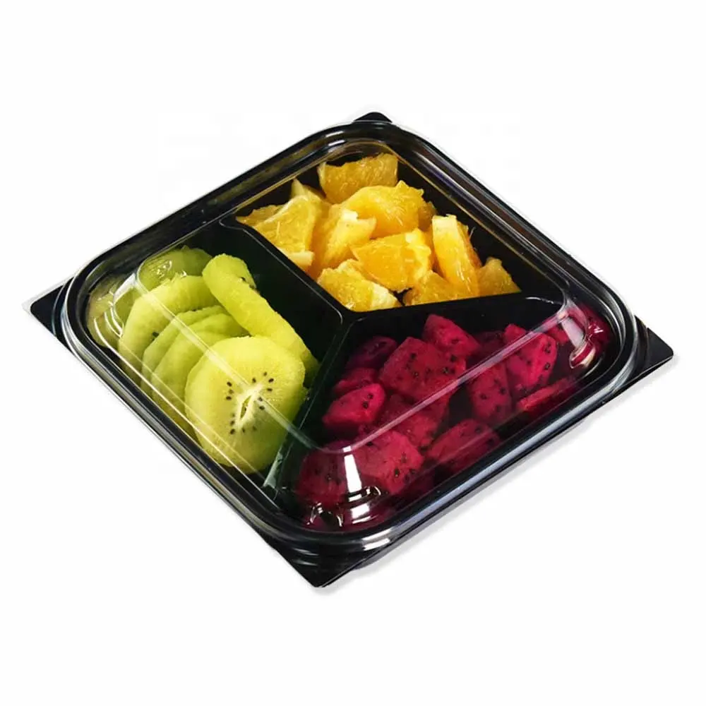 Food grade plastic disposable packaging biodegradable 3 tier with lid serving RPET/PET fruit tray