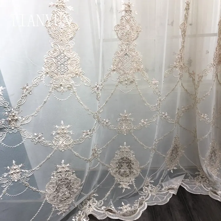 Luxury European Style White Embroidery Beaded Material Fabric Window Curtains For The Living Room