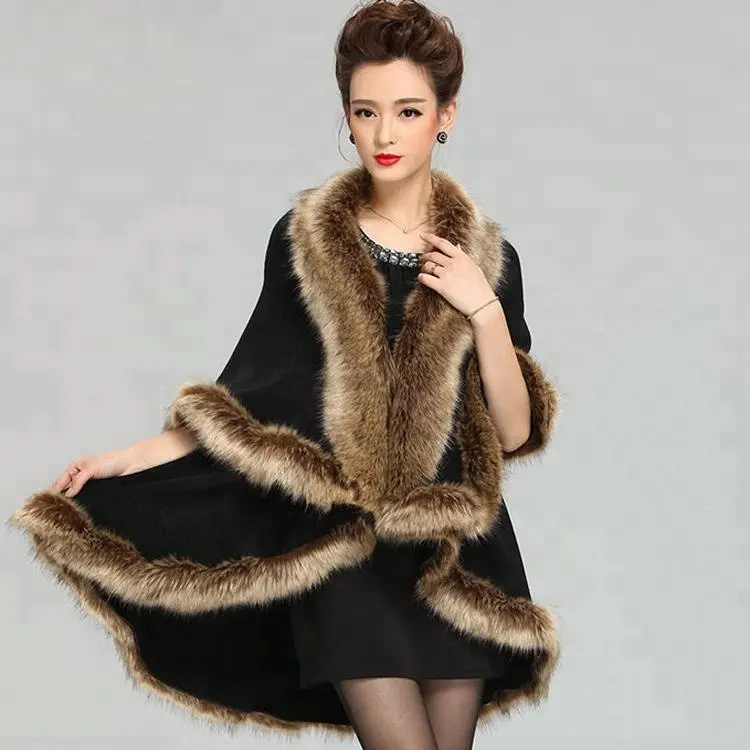 Wholesale Jtfur Women Winter Warm Imitation Raccoon Fur Poncho Faux Fur Trim shawl