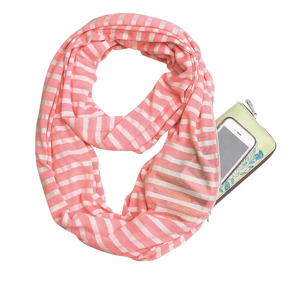 Wholesale Stripe Knit Zipper Travel Infinity Scarf With Secret Pocket