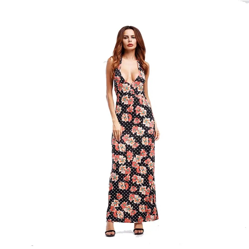 Fashion halter flower printed gallus clothing long dress for women