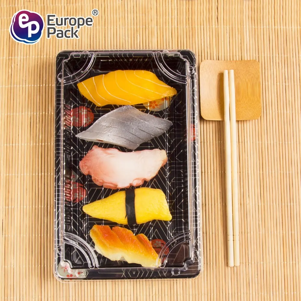 Best selling one time ps plastic square plate sushi tray with lid