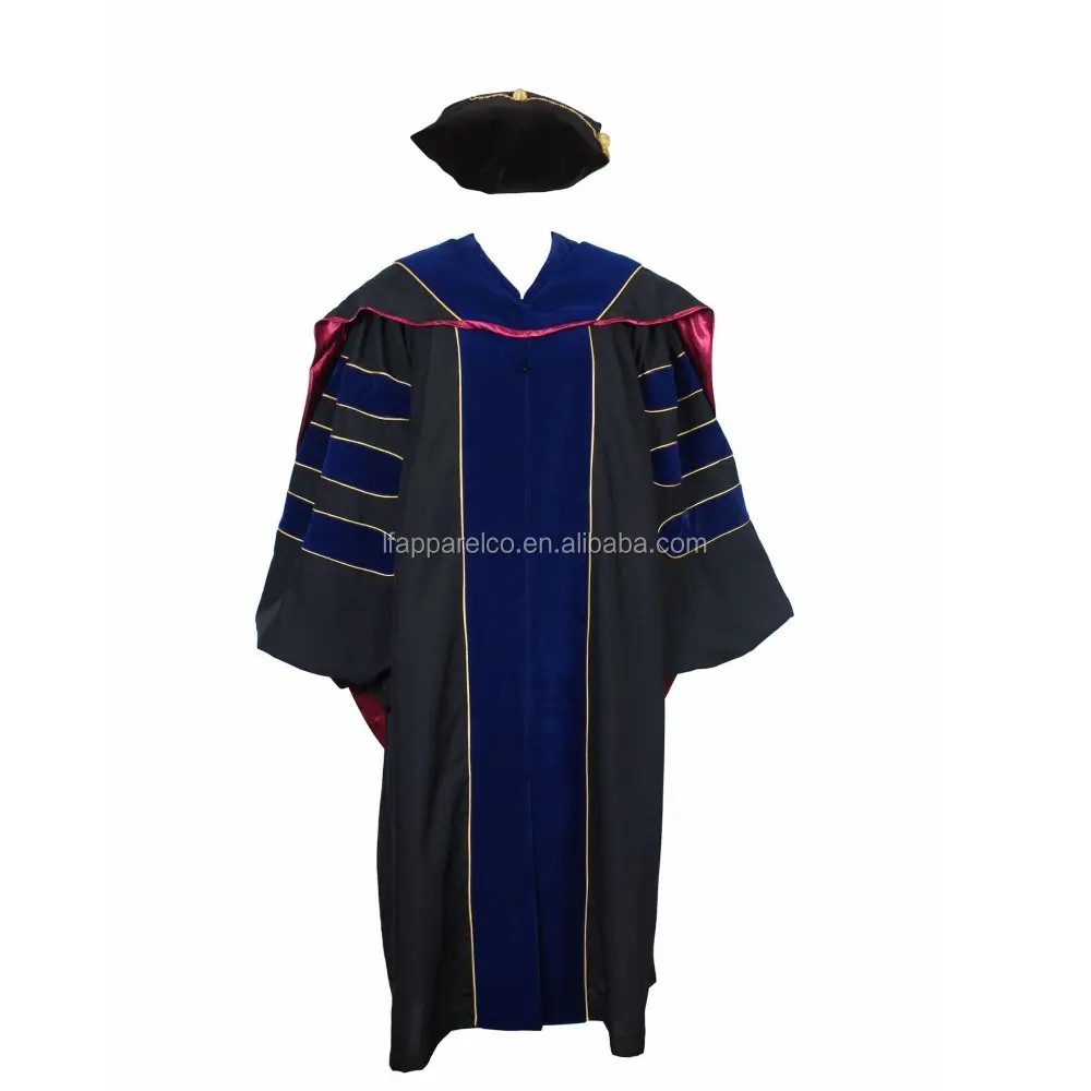 Deluxe Doctoral Gown Tam - Black Trim with Gold Piping customized graduation gown phd dress