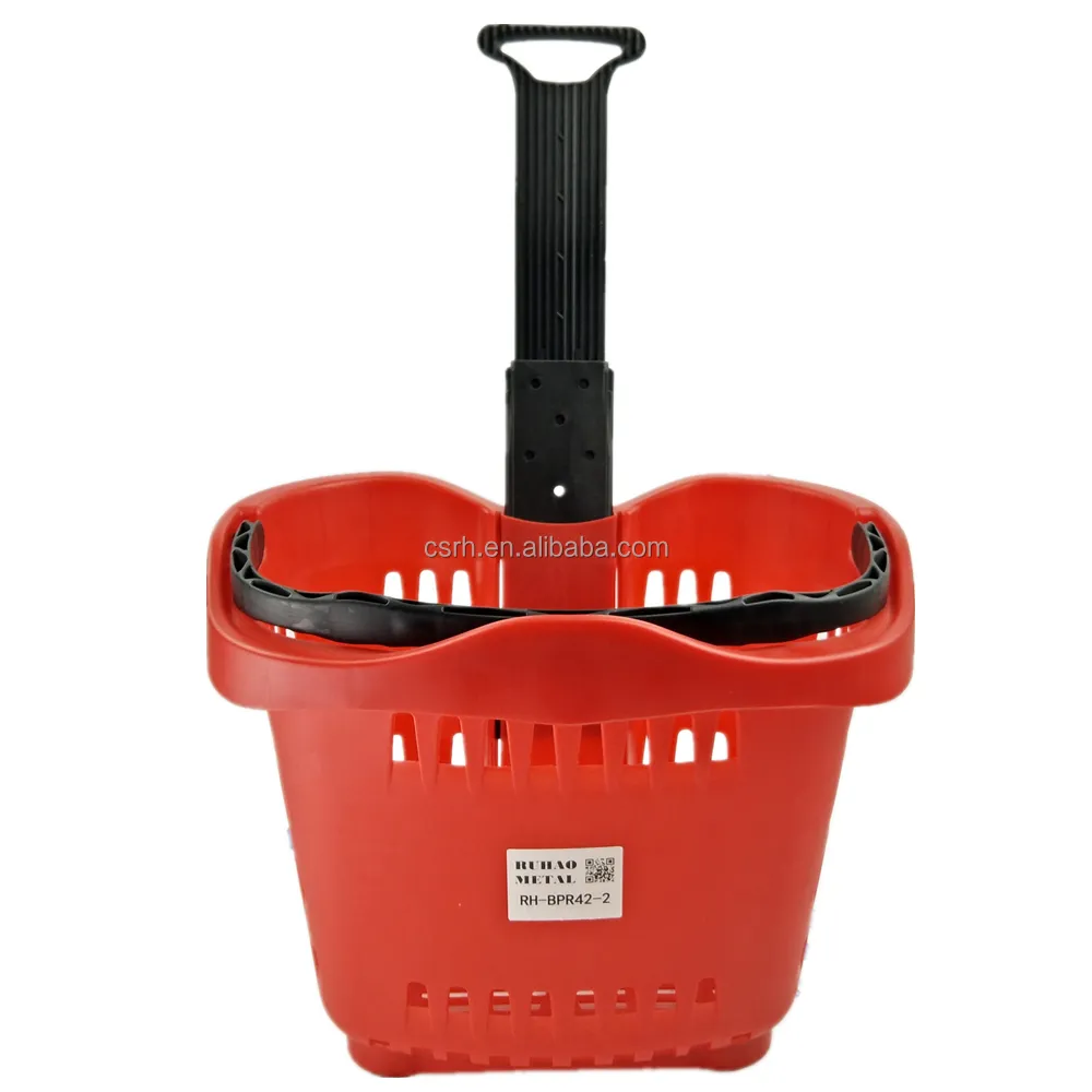 RH-BPR42-2 530*385*430mm   42L red color push handle basket  shopping rolling cart with telescopic handle