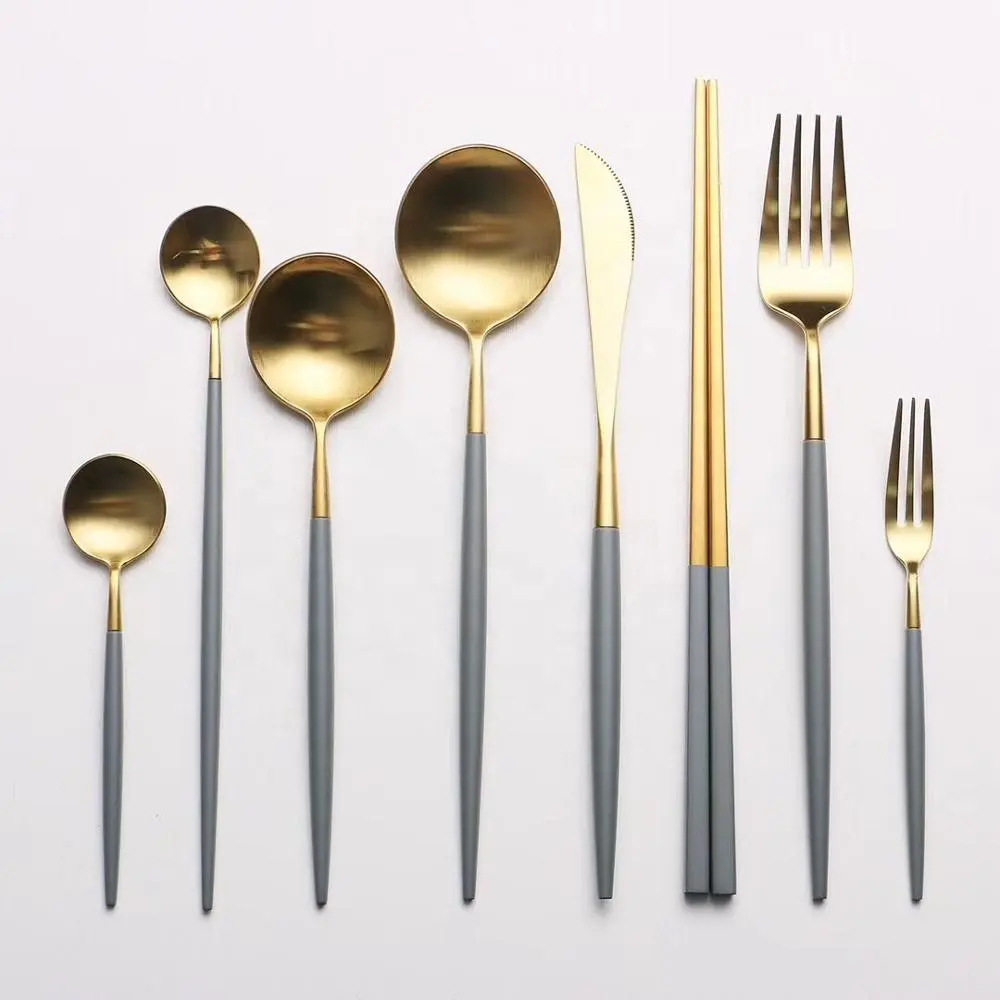 Grey&gold Handle Flatware Korean Flatware Set Spoon and Fork Cutlery Set Stainless Steel Dinnerware Sets Round Shape