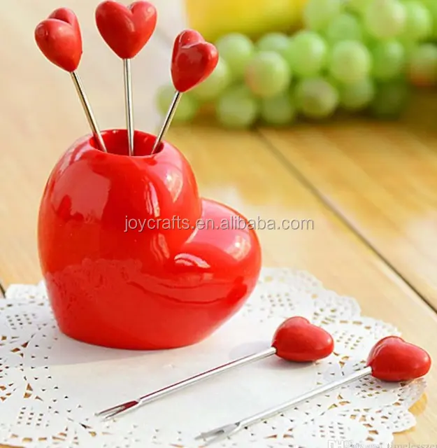 Red Love Heart Shape Fruit Pick Forks