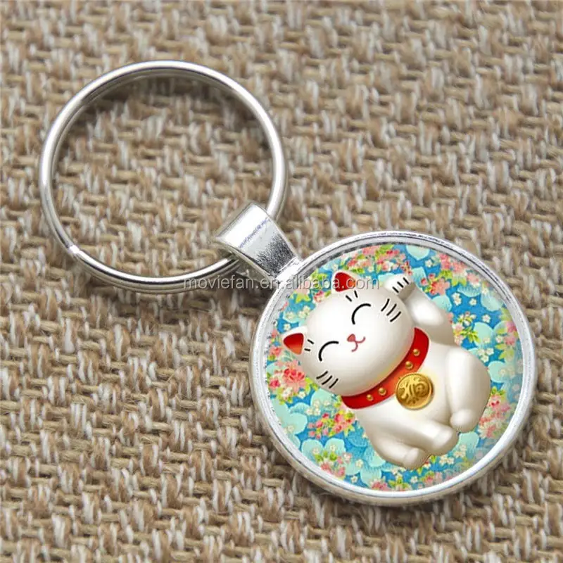 Брелок для ключей Lucky Cat, розовый и синий брелок Chiyogami Манеки Neko с японским рисунком, стеклянный брелок
