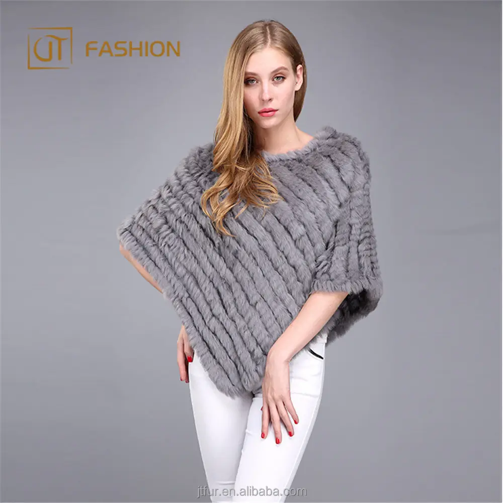 Trade Assurance Jtfur ladies gray fuzzy real fur triangle collar tassel Rabbit Fur Poncho