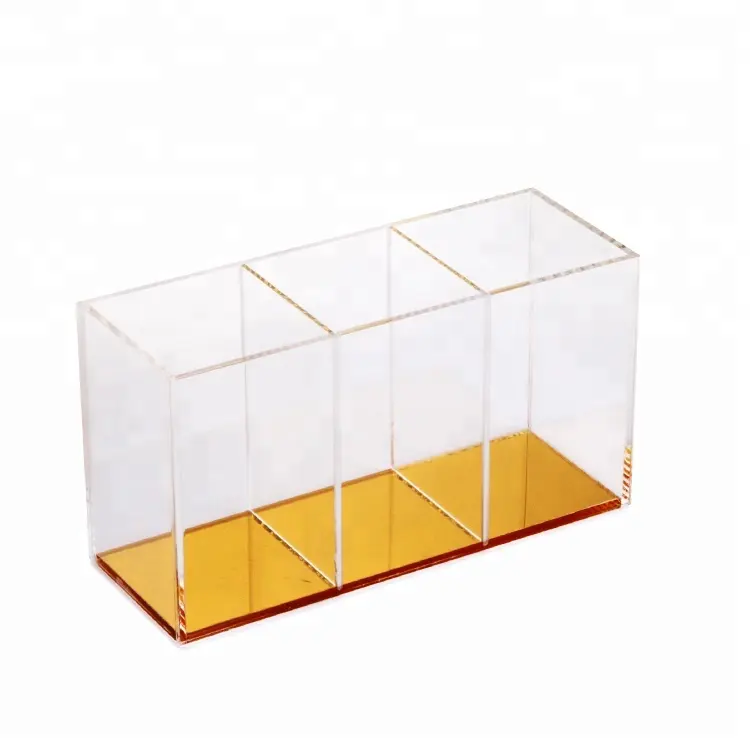 Square Clear Acrylic Desk Stationery Holder with Transparent Gold Color