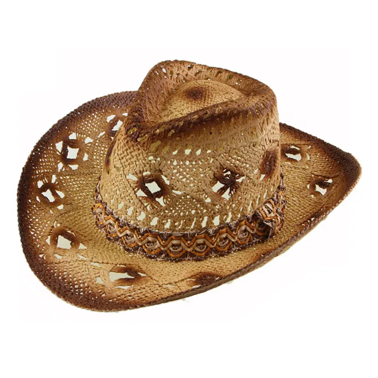 JAKIJAYI Wholesale summer classic design hollow out crochet cowboy straw hat for men women
