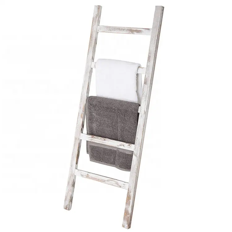 Custom vintage rustic wooden decorative blanket towel storage ladder shelf rack wall leaning ladder shelves