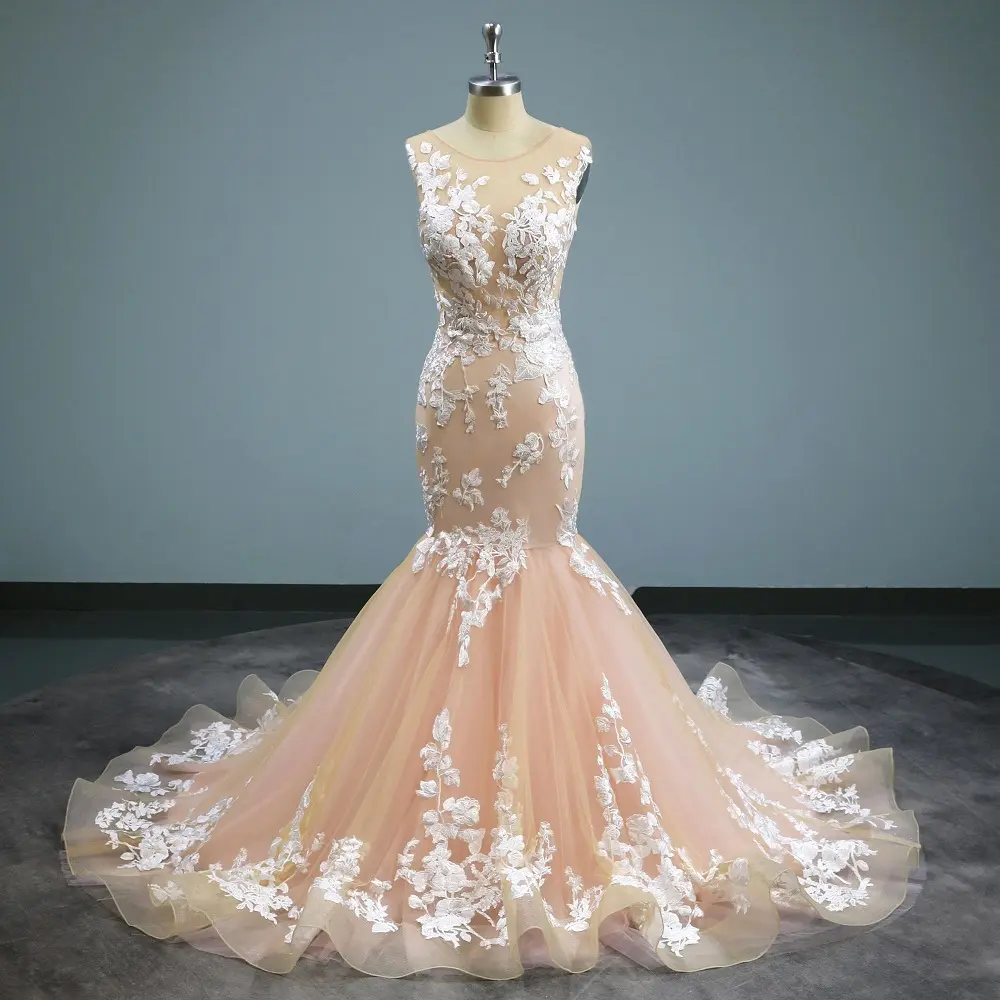 OWD-H2107 Long Train Lace Appliques Sleeveless Long Dress Wedding Gown Bridal Mermaid Wedding Dress