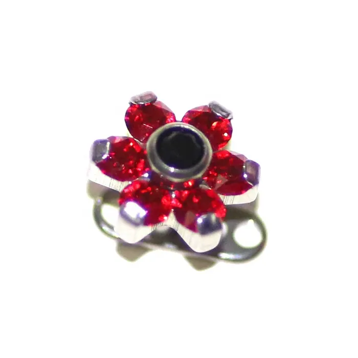 Titanium Internally Theaded Dermal Anchor With Red Flower Body Jewelry