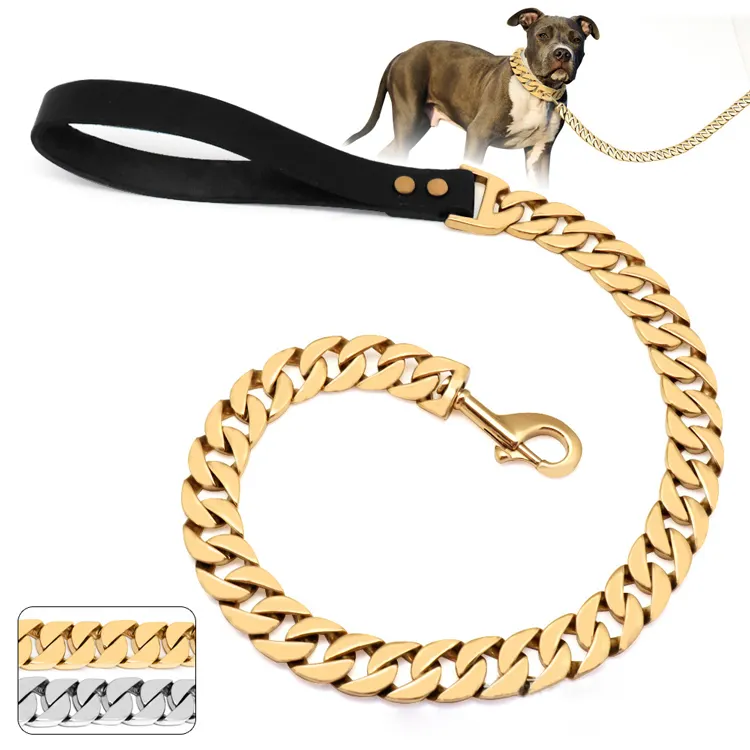 dark dog leashes Hardware Gold Chain Pet Collars Luxury Custom Chain Choke Pitbull Stainless Steel Metal Strong Large Dog Collar