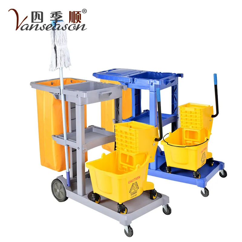 Cleaning Tool Manufacturer Multi Purpose Plastic Cleaning Trolley Janitorial Cart With Locking Cabinet