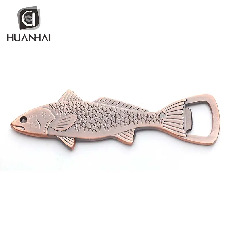 new promotional antique copper plating metal 2D logo fish shaped bottle opener customized