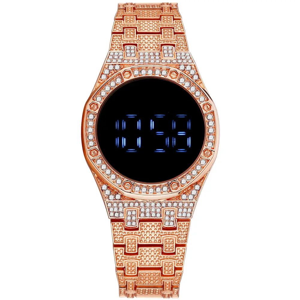 Роскошные женские сенсорные часы из нержавеющей стали цвета розового золота со стразами, светодиодные цифровые часы LDW15